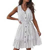 Women's V-Neck Trendy Glamorous Beach Print Swing Dress Casual Loose-Fitting Summer Sleeveless Knee Length Flowy White
