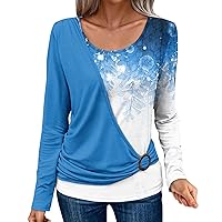 Women's Long Sleeve Shirts Trendy V Neck Pullover Soft Basic Tees Casual Blouses Printed Tunic Tops Loose Fit T-Shirt