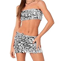 Women Sequins Glitter Rave 2 Piece Outfits Skirts Set Holographic Tube Tops and Mini Skirts Glitter Music Party Clubwear