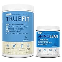 AminoLean Pre Workout Energy (Blue Raspberry 30 Servings) with TrueFit Protein Powder (Vanilla 2 LB)