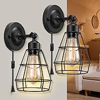 Plug in Wall Sconce, Wire Cage plug in wall lamp, Industrial Wall Light with Plug in Cord, Rustic wall mounted lamp, On/Off Switch Vintage Wall Light for Bedroom plug in, plug in sconce set of 2