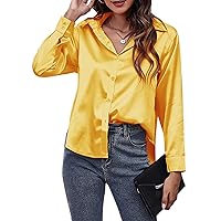 Button Down Long Sleeve Satin Shirt for Women Casual Office Loose Fit V Neck Tops Blouse