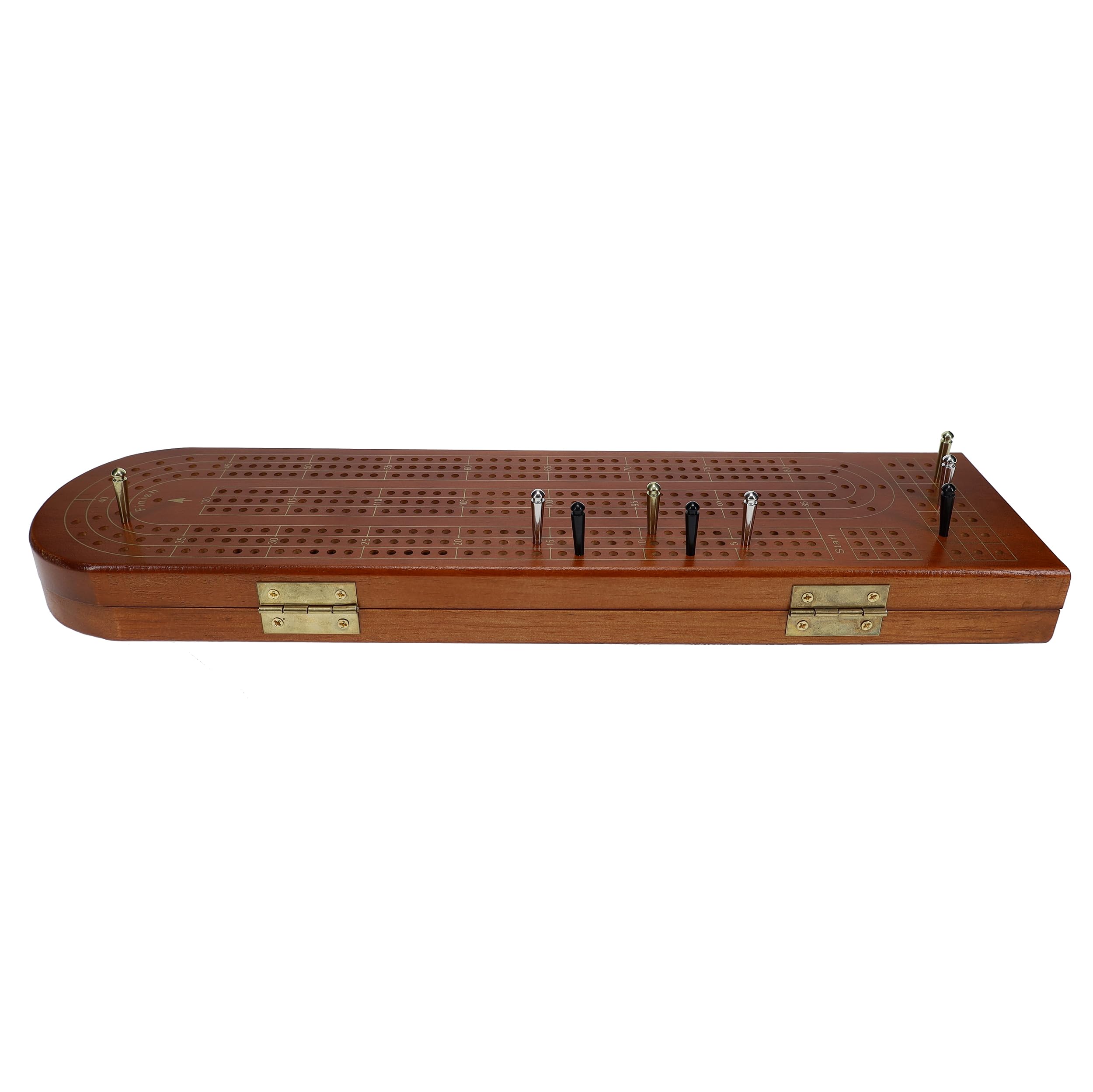 Pacific Shore Games Wooden Cribbage Board Game Set, Walnut Stained Continuous 3 Track for 2-3 Players, Card Storage