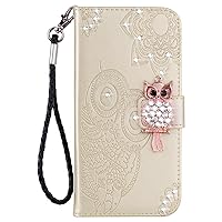 XYX Wallet Case for Samsung A35 5G, Bling Glitter Diamond Embossed Owl PU Leather Phone Case with Wrist Strap for Galaxy A35 5G, Gold
