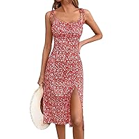 Relipop Women's Floral Slip Summer Dress Square Neck Slit Midi Dresses for Women Spaghetti Strap Sleeveless Casual Sundress