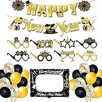 PageebO Happy New Year Party Decoration Happy New Year Banner 8pcs New Year Eyeglasses Gold and Black Balloons for New Year Eve Party Decoration