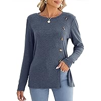 Women's Casual Crewneck Long Sleeve Tops Fashion Side Split Tunic Dressy Buttons Sweatshirts S-2XL