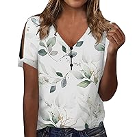 Summer Tops,Womens Summer Tops Cold Shoulder V Neck Button Printed Blouse 2024 Casual Short Sleeve Loose Fit Tshirts Women Shirts Short Sleeved