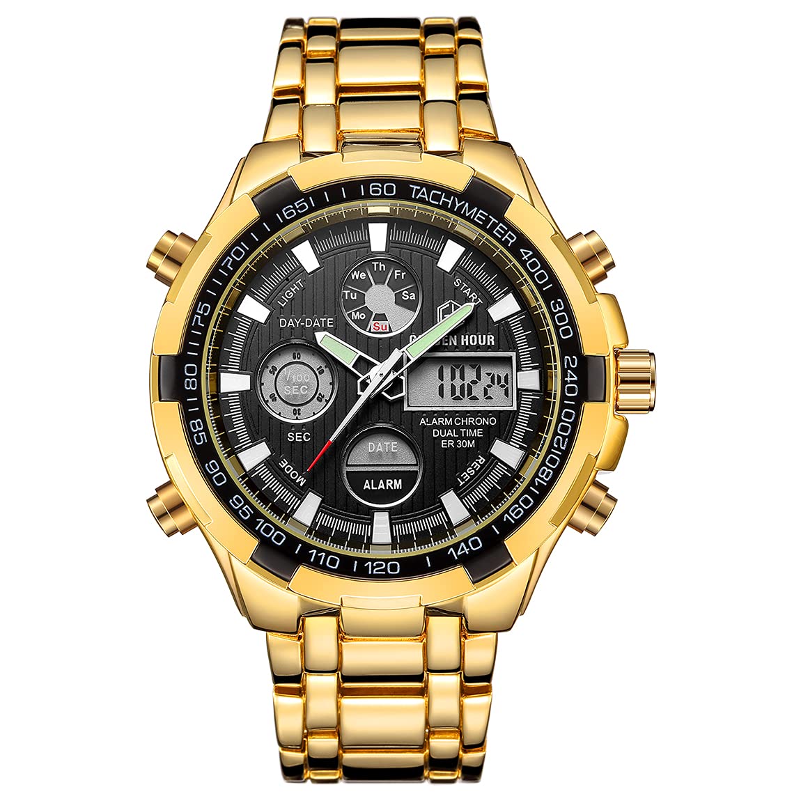 Luxus Mode Herren Uhren Edelstahl Schwer Klobig Sport Chronograph Wasserdicht Gold Zweifarbig Datum Alarm Multifunktions Analoge Digitale Uhr