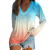 FYUAHI Women's Long Sleeve Tops Casual Loose Blouses Sleeved T-Shirt V-Neck Tie Dyed Floral Stripe Print Casual Top