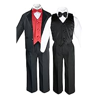 7pcs Boys Black Suits Tuxedo with Satin Red Bow Tie Vest Set (S-20)