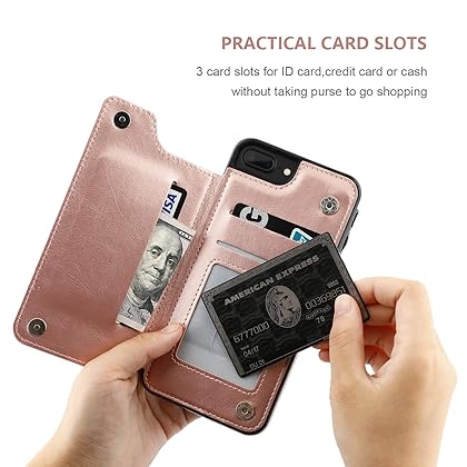 iPhone 7 Plus iPhone 8 Plus Wallet Case with Card Holder,OT ONETOP Premium PU Leather Kickstand Card Slots Case,Double Magnetic Clasp and Durable Shockproof Cover 5.5 Inch(Rose Gold)