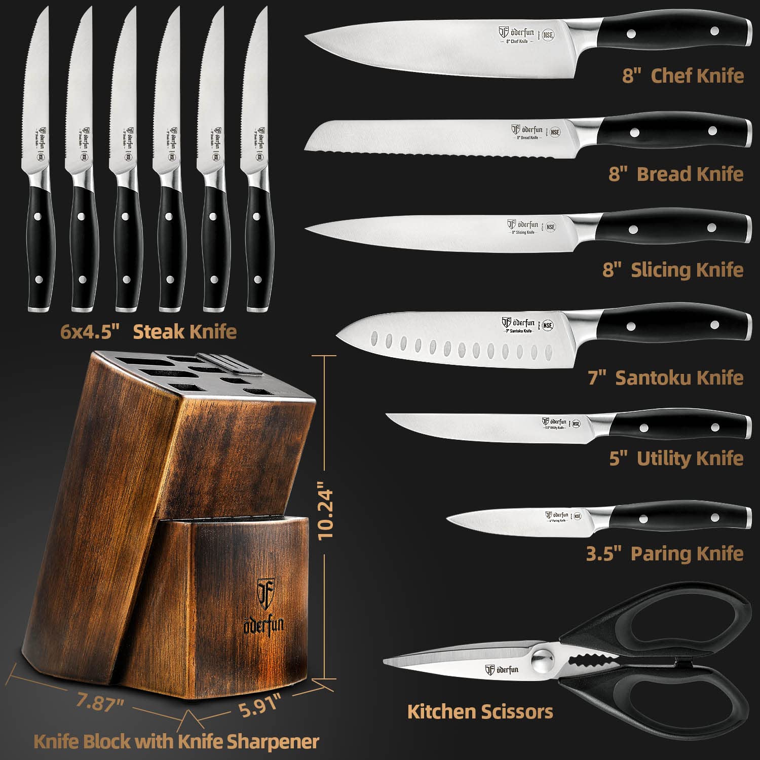 Knife Set with Block, ODERFUN 15 Pcs 1.4116 German Steel Kitchen Knife Set, Ultra Sharp Knives Set for Kitchen with Knife Sharpener, Ergonomic Handle Full Tang Forged with NSF Certified