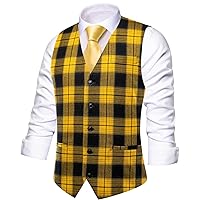 Hi-Tie Men's Suit Vest Plaid Checks V-neck Single Breasted Formal Business Wedding for Tuxedo Dress Waistcoat