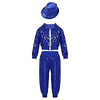 YiZYiF Kids Boys Girls Hip Hop Jazz Dance Disco Costume Sequins Hooded Jacket Pants Hat Christmas Performance Outfit Set Blue 11-12 Years
