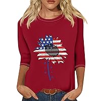 Crew Neck T Shirts for Women, Shirt Women's Fashion Casual Round 3/4 Sleeve Loose 4Th of July Printed, S, 3XL