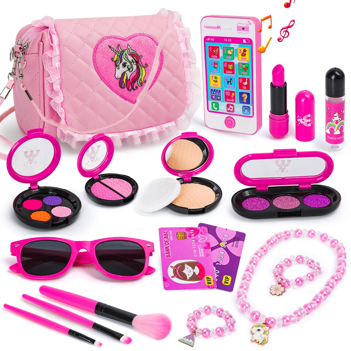 Meland Kids Makeup Kit - Pretend Makeup for Toddler Girls, Fake Makeup with Little Girls Purse, Play Makeup, Smartphone, Toy Gift for Girls Age 3,4,5,6 Year Old for Birthday Christmas