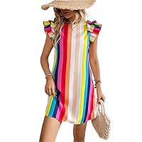 Dresses for Women Women's Dress Rainbow Striped Ruffle Trim Dress Dresses