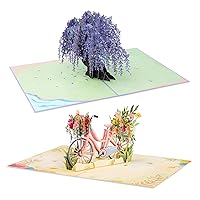 Paper Love Pop Up Cards 2 Pack - Includes 1 Wisteria Tree and 1 Spring Flower Bike, For All Occasions, Mother Day, Birthday, Just Because- Includes Envelope and Note Tag