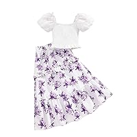 OYOANGLE Girl's 2 Piece Outfits Short Puff Sleeve Shirred Blouse and Floral Print Ruffle Hem A Line Skirt Set