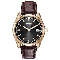 Citizen Men's Classic Eco-Drive Leather Strap Watch, Date, Luminous Hands and Markers, Black Dial