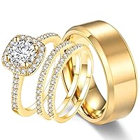 CEJUG 18k Yellow Gold Wedding Ring Sets for Him and Her Women Men Titanium Stainless Steel Bands 2Ct Cz Couple Rings
