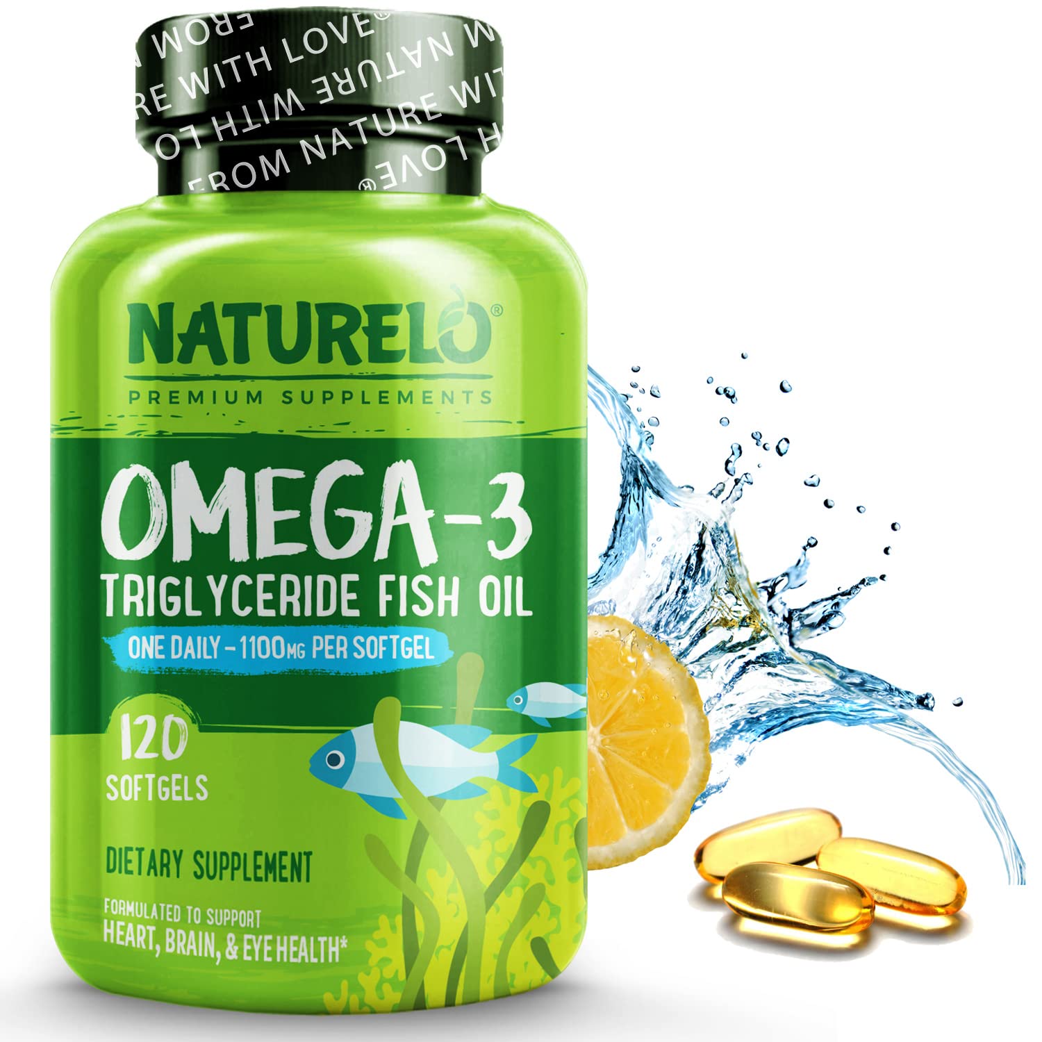 NATURELO Omega-3 Fish Oil Supplement - EPA + DHA - 1100 mg Triglyceride Omega-3 per Gel - One A Day - for Heart, Eye, Brain, Joint Health - No Burps - Lemon Flavor - 120 Softgels | 4 Month Supply