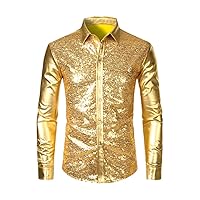 Night Club Wear Mens Dress Shirts, Slim Fit Shiny Gold Coated Metallic Shirt, Long Sleeve Button Down Shirt