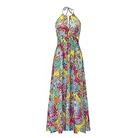 Women's 2023 Summer Halter Neck Floral Print Backless Beach Party Maxi Dress Sleeveless High Waist Ruched Hawaiian Dresses