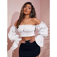 Women's Tops Sexy Tops for Women Women's Shirts Off Shoulder Ruffle Trim Knot Sleeve Top Shirts for Women (Color : White, Size : Small)