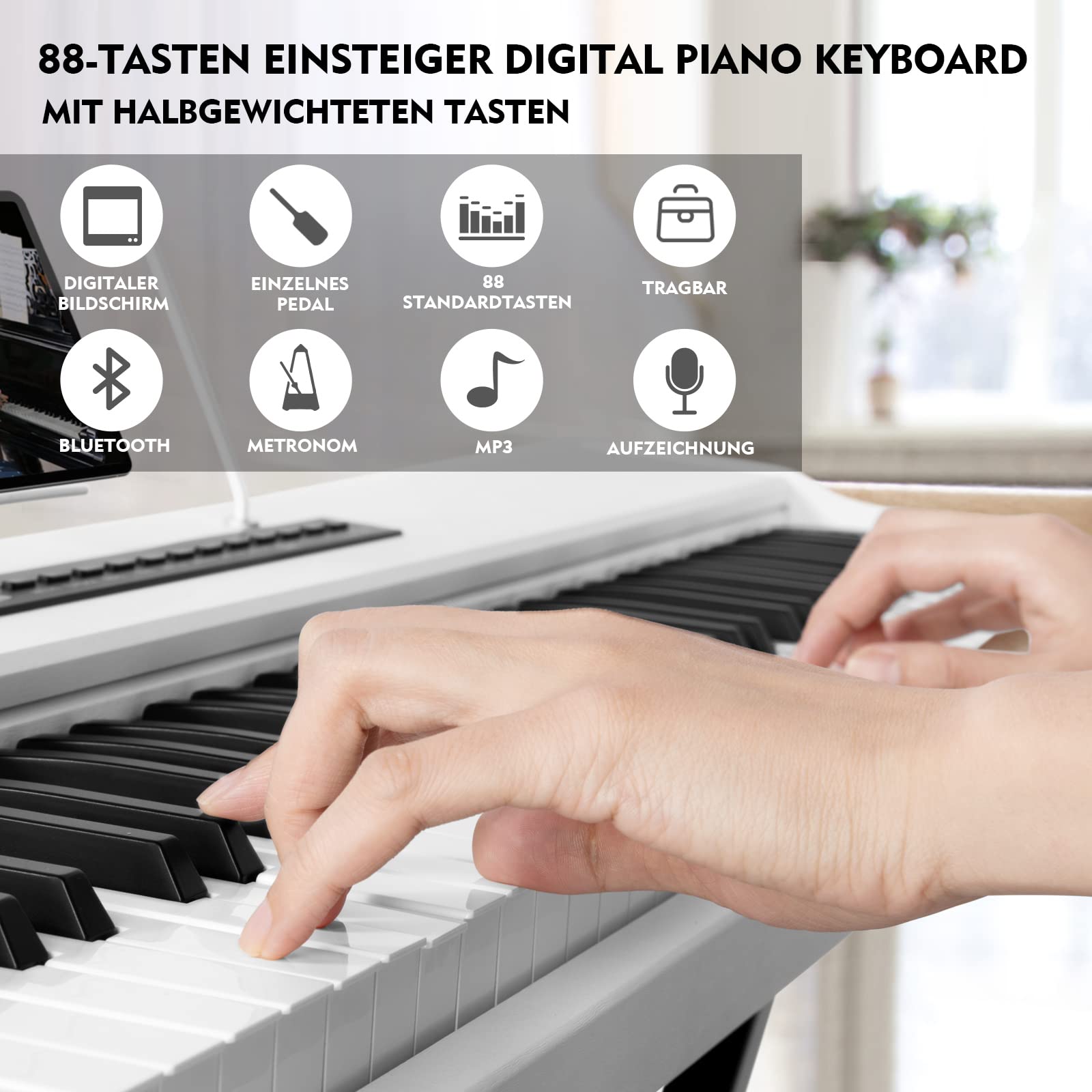 MUSTAR E Piano Digital 88 Tasten, Keyboard mit halbgewichteten & Bluetooth, Portable Set mit Sustain Pedal, Keyboardständer und Tragetasche, Weiß