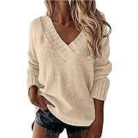 Womens Loose Sweaters Sexy V Neck Long Sleeve Solid Knitted Jumper Pullover Sweatshirt Tops Ladies Sweatshirts