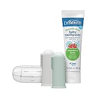 Dr. Brown's 100% Silicone Baby Finger Toothbrush and Toothpaste Set, 2-Pack Toothbrush with Storage Case, Fluoride-Free Strawberry Toddler Toothpaste, Gray & Light-Green