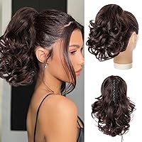 Ponytail Extensions,10 inch Short Claw Clip on Ponytail Extensions Dark Brown Synthetic Curly Wavy Pony Tails Hairpieces for Women Daily