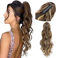 MORICA Claw Clip Ponytail Extension Curly Chocolate Brown Mix Caramel Blonde 24Inch Long Wavy Synthetic Clip in Ponytail Hair Extension for Women Pony Tail Hair Hairpiece（24Inch，4/27#）