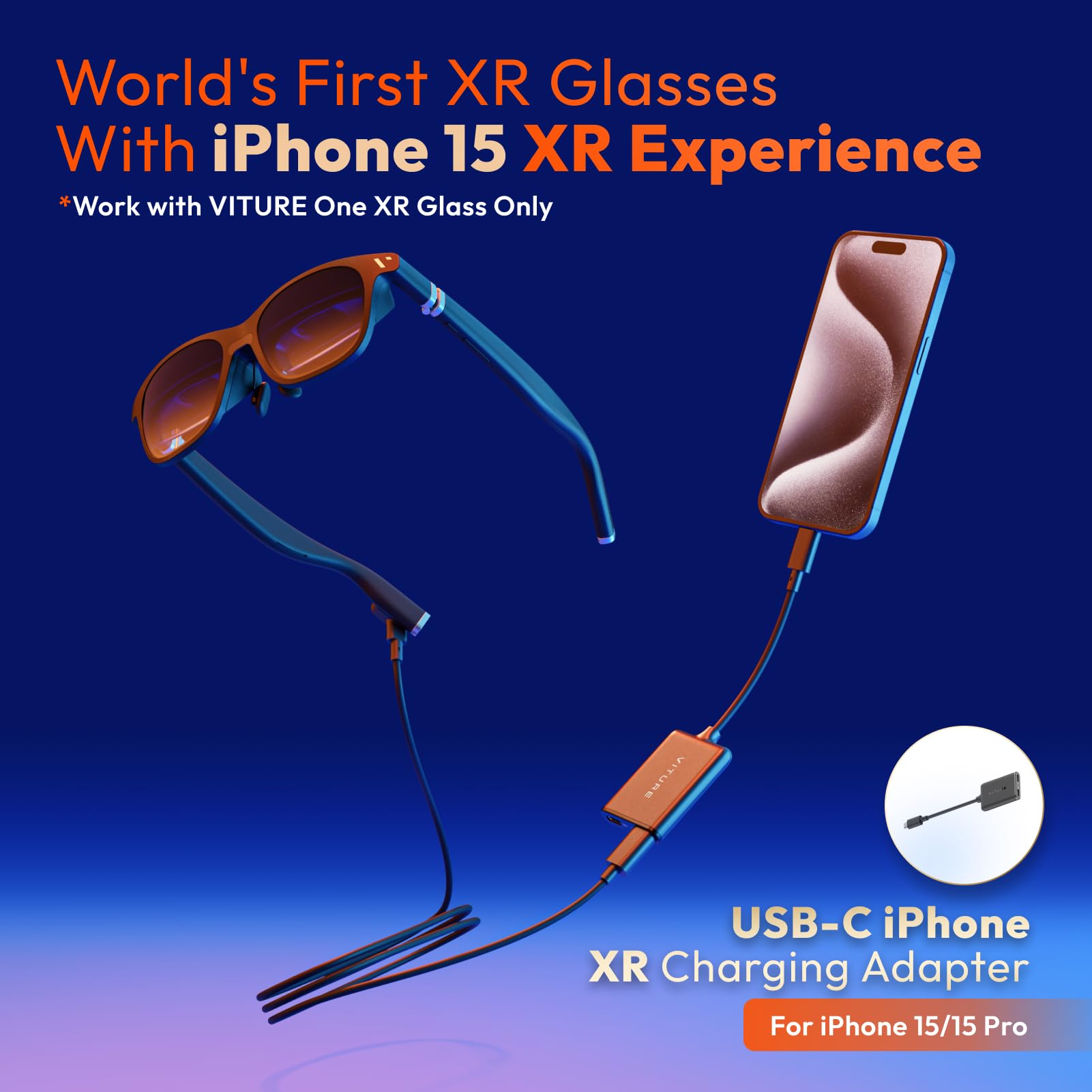 VITURE One iPhone 15 Pack: XR Glasses & USB- C iPhone XR Charging Adapter, Enabling Multi-Screen, Enhanced 3DoF, Spatial 3D, VR Video Features on iPhone 15/15 Pro, Charge and Play for Other Devices