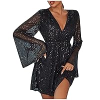 Sexy Sequin Cocktail Dresses for Wedding Guest 2024 V Neck Petite Dress Flare Long Sleeve Special Occasion Dresses