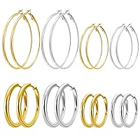 6/8Pairs Gold Silver Hoop Earrings for Women Girls, Stainless Steel Gold Silver Plated Hoop earrings, 40/50/60mm Lightweight Hypoallergenic Dainty Silver Gold Hoops Earrings Sets