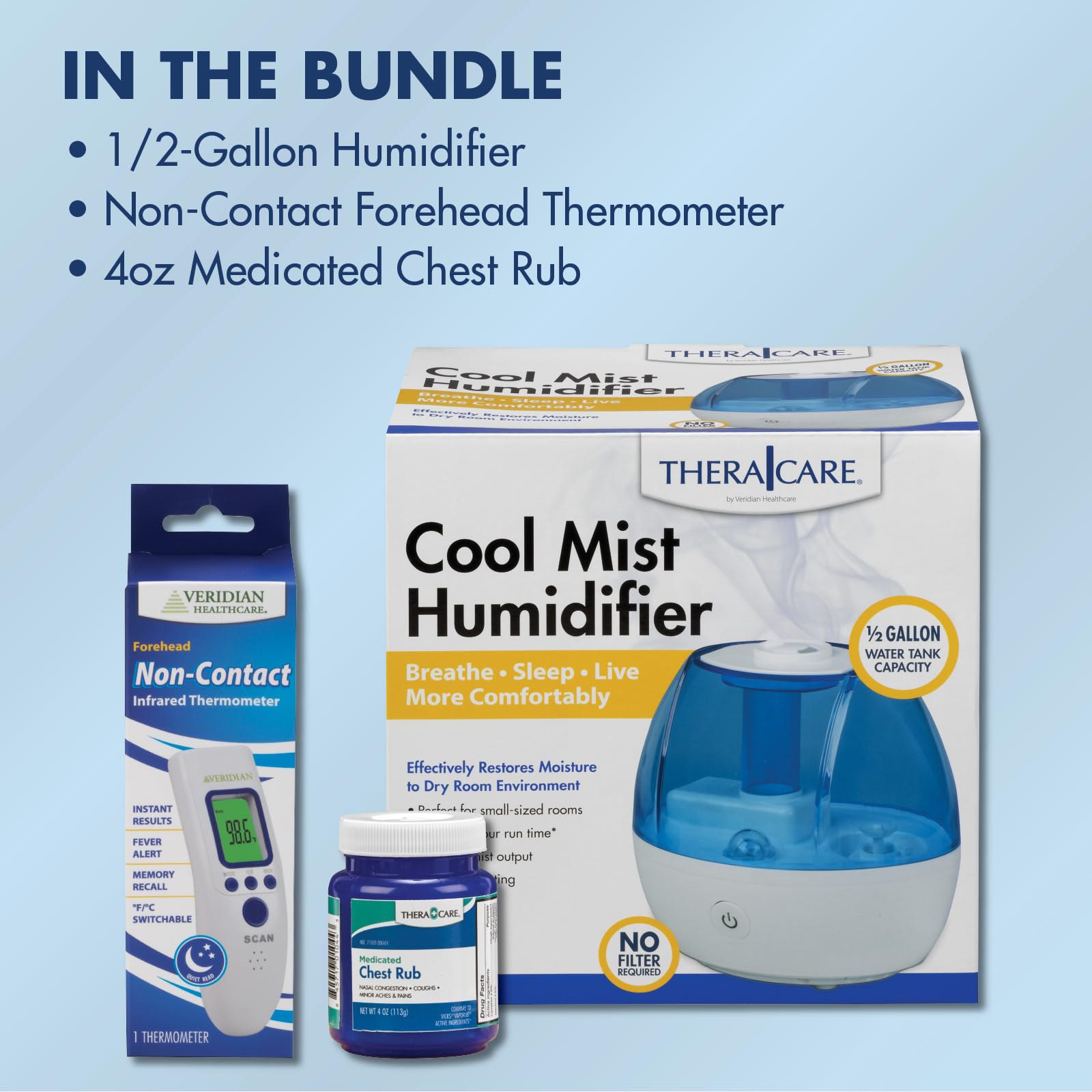 Seasonal Relief Bundle 3-Piece | Cool Mist Humidifier | Forehead Thermometer | Medicated Chest Rub | Fast Relief During Cough Cold Season | Whole Family Care