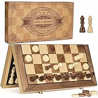 AMEROUS 15'' Magnetic Wooden Chess & Checkers Game Set -2 Extra Queens -24 Cherkers Pieces - Chessmen Storage Slots, Beginner Chess Set for Kids and Adults, Classic 2 in 1 Board Games