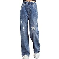 FEESHOW Girls Kids Ripped Distressed Denim Pants Jeans Kids Wide Leg Elastic Waistband Casual Loose Pants