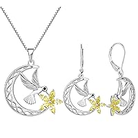 YL Hummingbird Pendant Necklace 925 Sterling Silver Celtic Moon Dangle Earrings Created Topaz Flower Jewelry Set for Women
