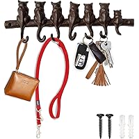 7 Cats Cast Iron Wall Mounted Hanger Rack - Decorative Cast Iron Wall Hook Rack - Vintage Design Hanger with 7 Hooks - Wall Mounted | 12.4 x 3.9” - with Screws and Anchors | Rustic Brown Color