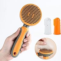 Self Cleaning Slicker Brush - Cat Dog Slicker Brush with Metal Pin for Medium & Long Hair - Pet Grooming Brush for Remove Loose Undercoat - Come with 2 Dog Finger Toothbrush (Thick pins)