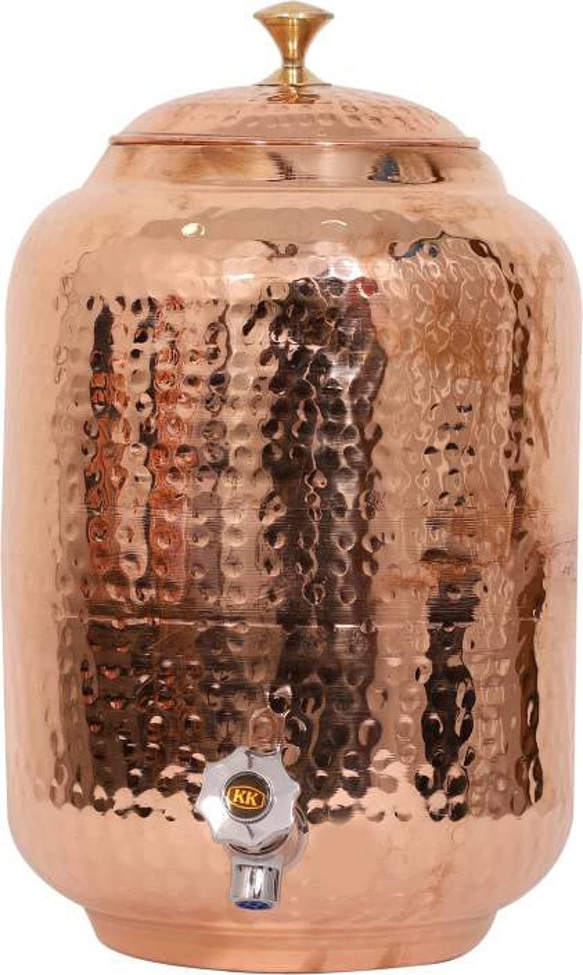 Hand Crunch Pure copper drinkware water dispenser - 8L- hammered finish- Pot ayurveda health healing 8 Liter storage capacity water container tank with 2 matching tumbler glasses & 1 copper Bottle