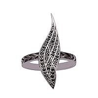 925 Sterling Silver Black Spinel Leaf Ring Rhodium Plated Black