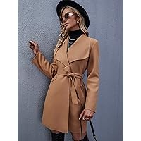 Coat For Women - Solid Waterfall Collar Belted Overcoat