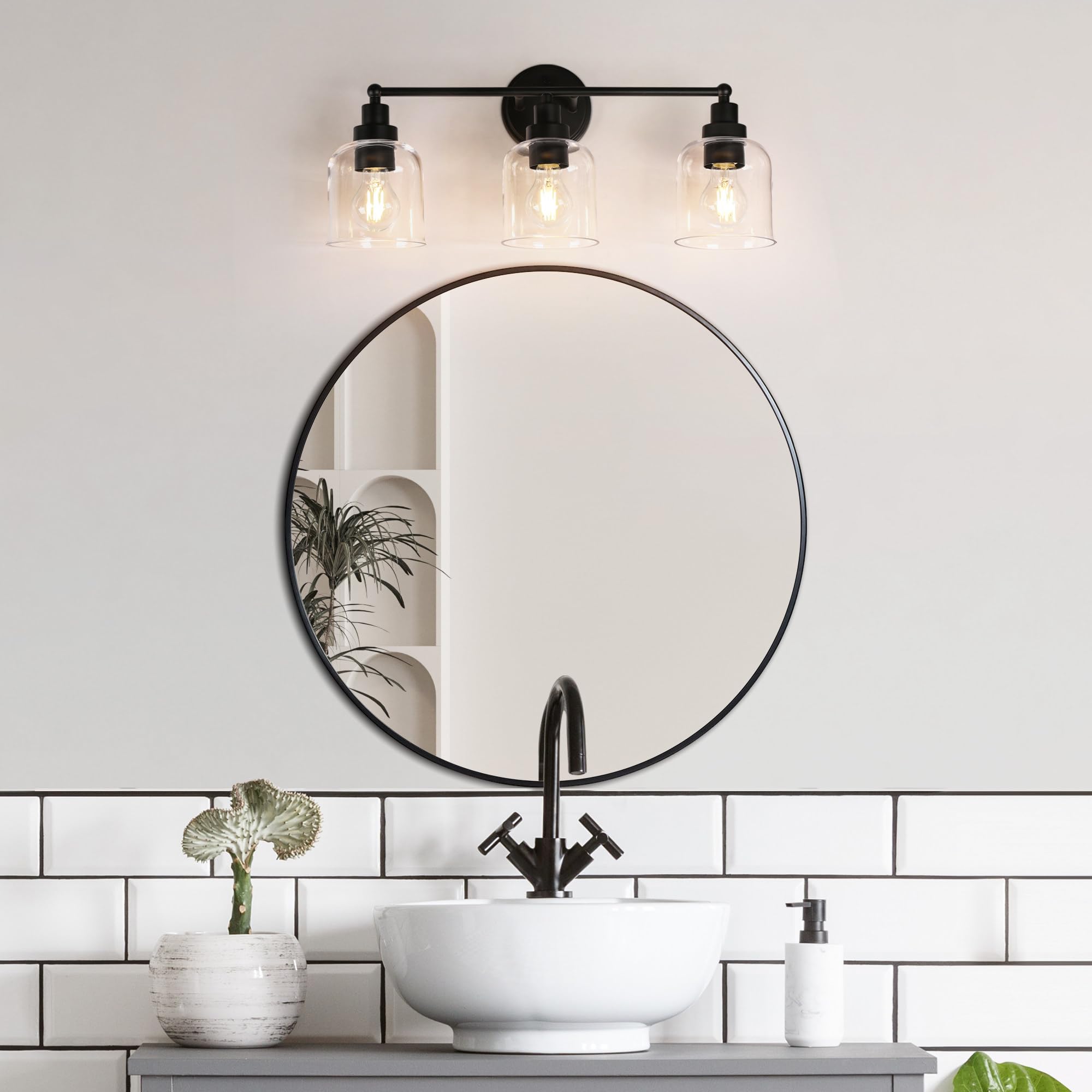 GEPOW Bathroom Wall Light Fixtures, 3-Light Black Vanity Light with Clear Glass Shade, Modern Farmhouse Wall Lamp Over Mirror for Hallway, Kitchen, Bedroom and Living Room