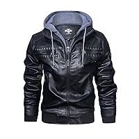 HOOD CREW Men Faux Leather Jacket with Detachable Hood Casual Motorcycle Bomber Jackets Outerwear