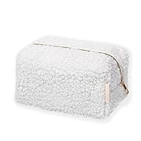 Makeup Bag,Zippered Portable Skincare Product Plush Storage Bag, Fashionable terry cloth Aesthetic White Fluffy Makeup Bag, Mini small bag (White)